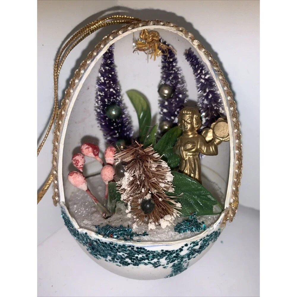 Vintage Egg Shape Diorama Christmas Ornaments Santa Angel Bottlebrush READ